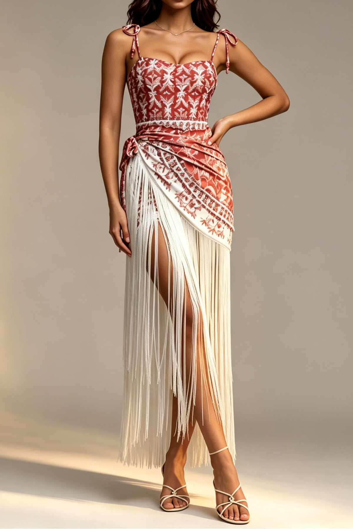 Red Floral Palm Print Beaded Tie Strap One Piece Swimsuit + Fringe Wrap Cover Up Skirt 2 Piece Beach Set