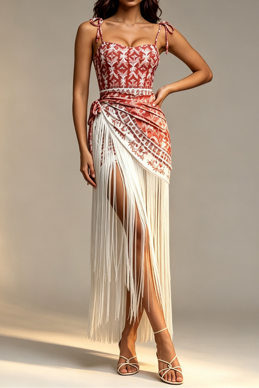 Red Floral Palm Print Beaded Tie Strap One Piece Swimsuit + Fringe Wrap Cover Up Skirt 2 Piece Beach Set