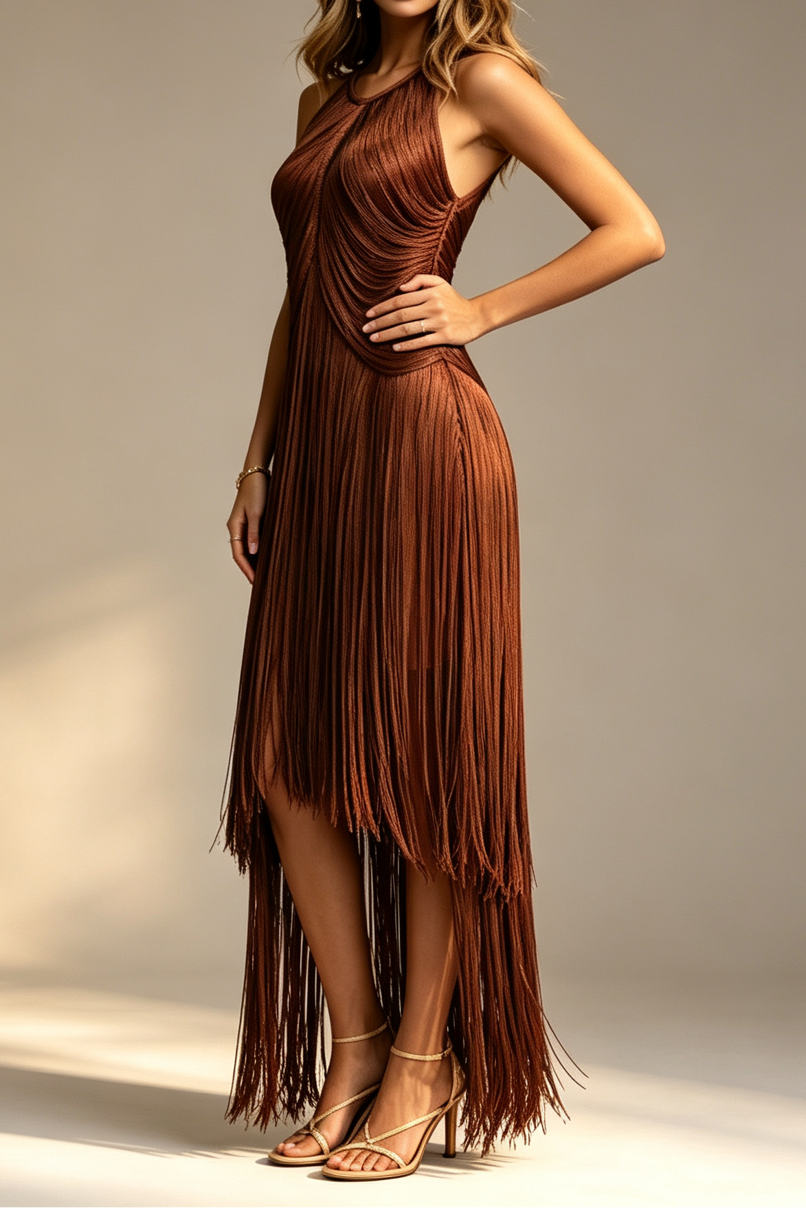 Chocolate Brown Halter Neck Draped Bodice Multi-Tier Long Fringe Bodycon Midi Party Dress