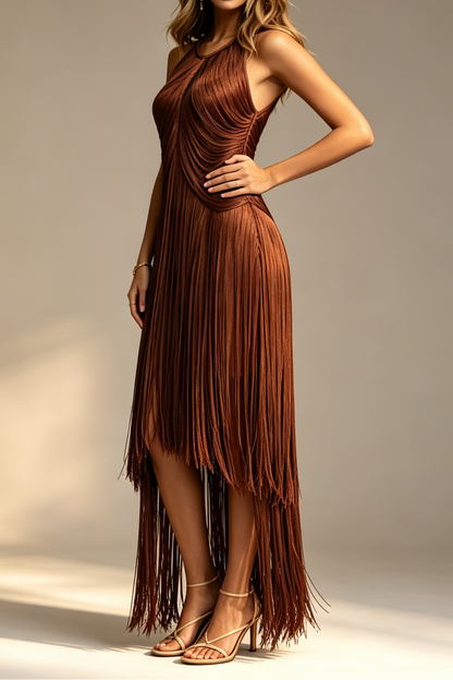 Chocolate Brown Halter Neck Draped Bodice Multi-Tier Long Fringe Bodycon Midi Party Dress