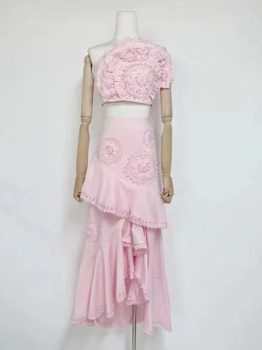 nina Ruffled strapless top floral embroidered mermaid skirt set - pink