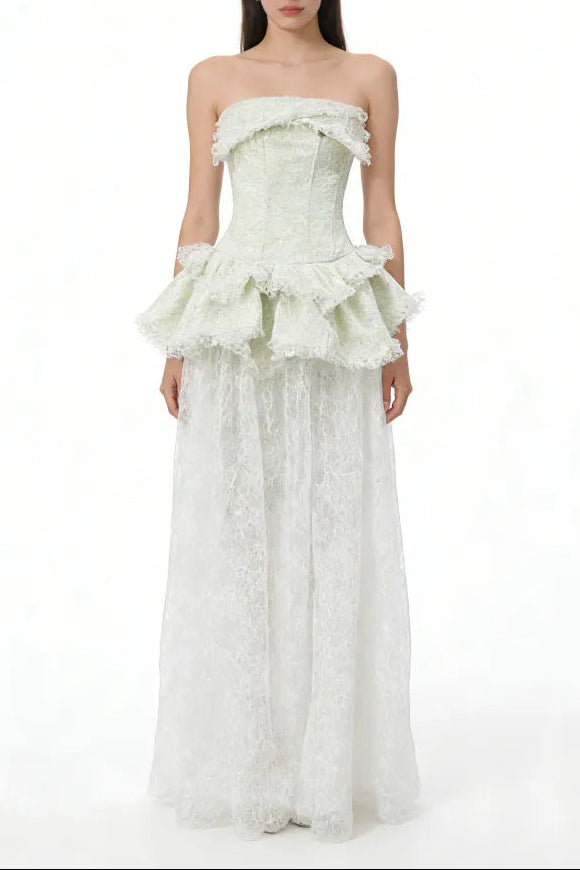tiffany fitted lace-paneled Strapless maxi dress in green