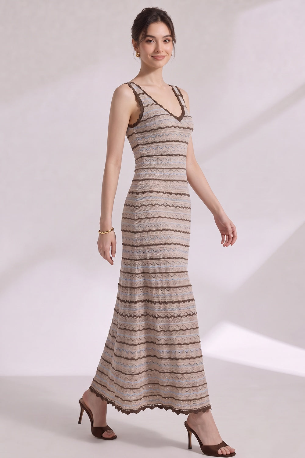 Beige Crochet-Style Knit A-Line Maxi Dress beige crochet-style knit maxi dress - product view 3