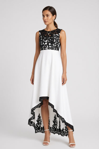 White Black Floral Lace A-line High-low Evening Dress Sleeveless Round Neck White White structured fabric (composition unknown) Evening Dress - product view 2