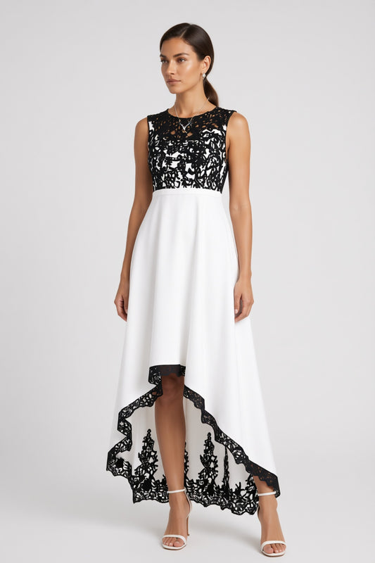 White Black Floral Lace A-line High-low Evening Dress Sleeveless Round Neck White White structured fabric (composition unknown) Evening Dress - product view 2