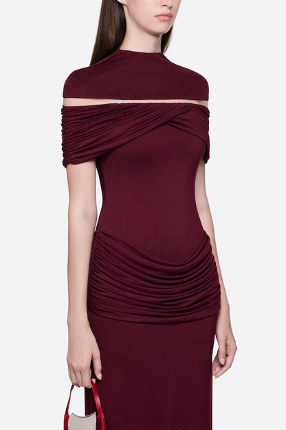 megan ruched Knit patchwork maxi dress in Sangria Red