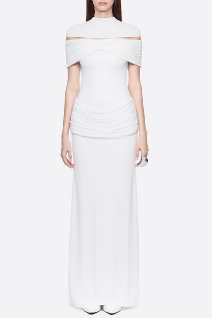 megan ruched Knit patchwork maxi dress in white