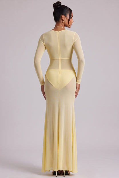 Pale Yellow Long Sleeve Maxi Dress with Cutout Detail Premium Fabric - product view 2