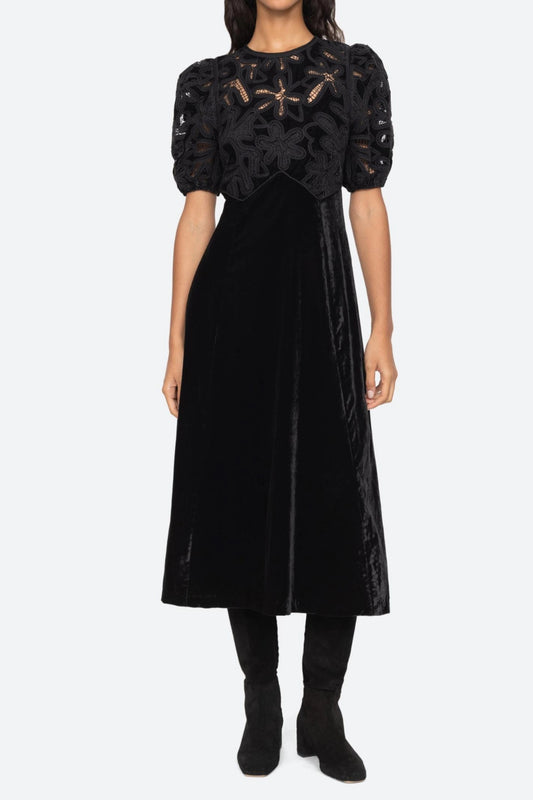 Velvet Puff Sleeve Embroidered Midi Dress in black