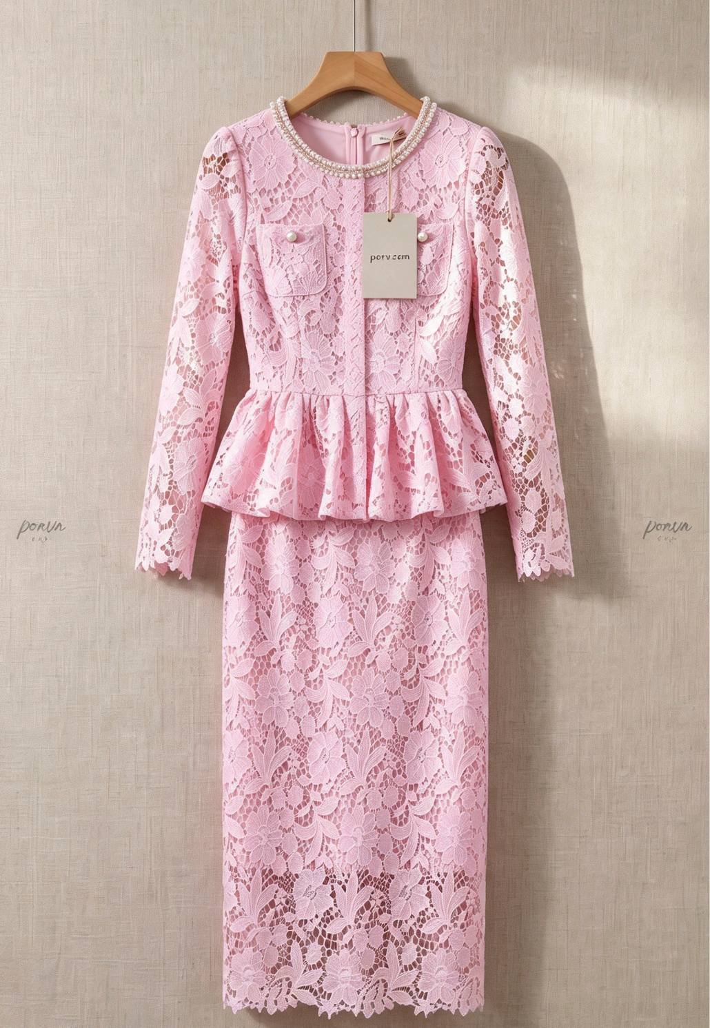 Light Pink Floral Lace Two-Piece Peplum Top and Midi Pencil Skirt Set