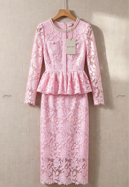 Light Pink Floral Lace Two-Piece Peplum Top and Midi Pencil Skirt Set