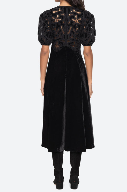 Velvet Puff Sleeve Embroidered Midi Dress in black