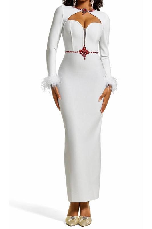 Rhinestone Cut-Out Feather Midi Dress in white