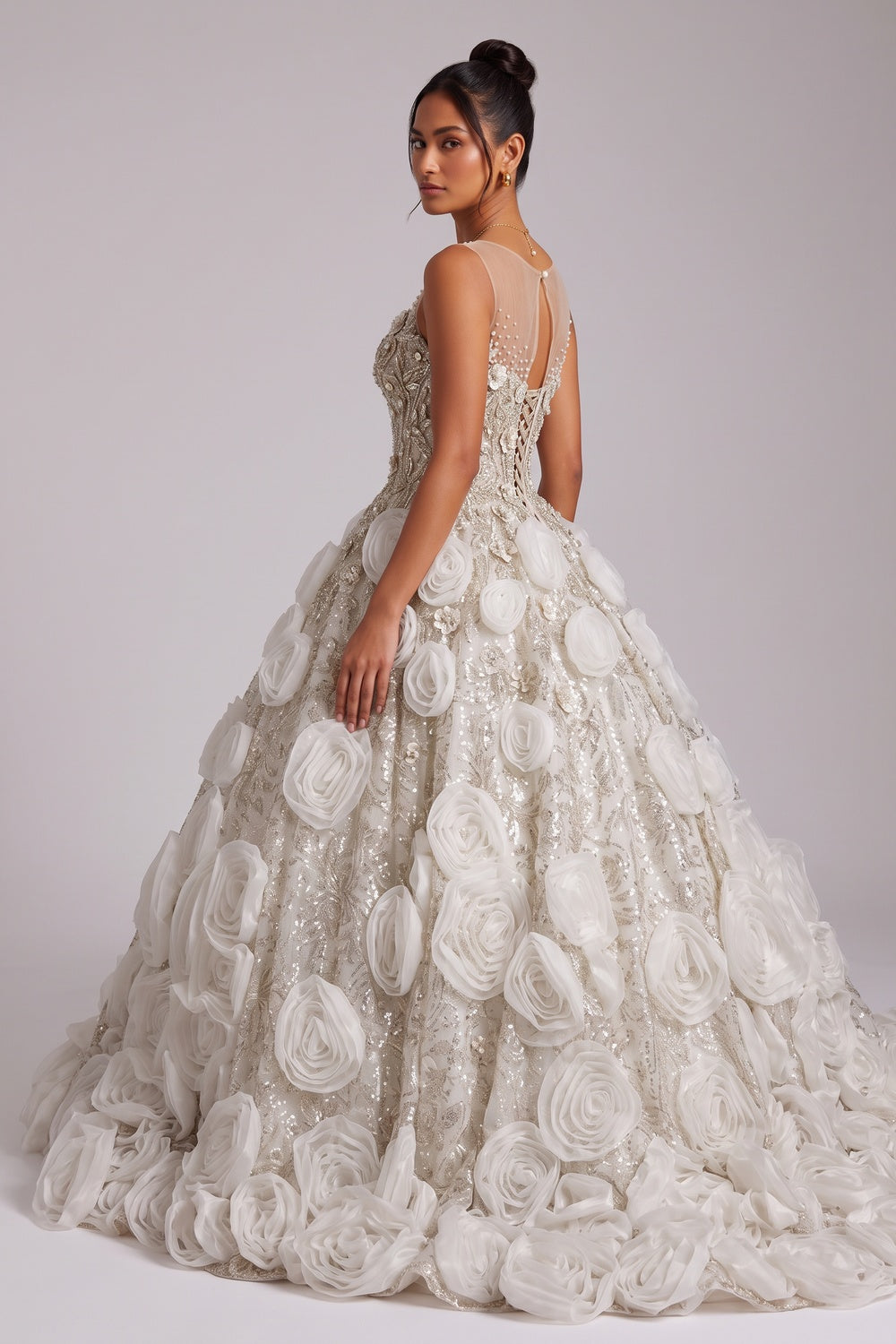 Champagne Organza Ballgown Gown with 3D Floral Rosettes champagne, ivory organza gown - product view 2
