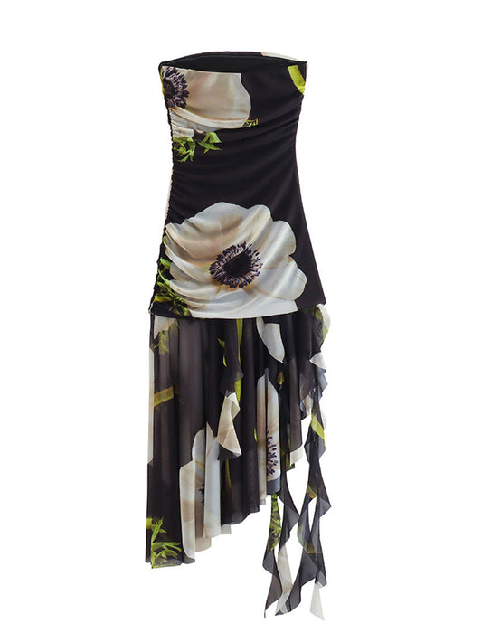 Strapless Printed Tulle Midi Dress