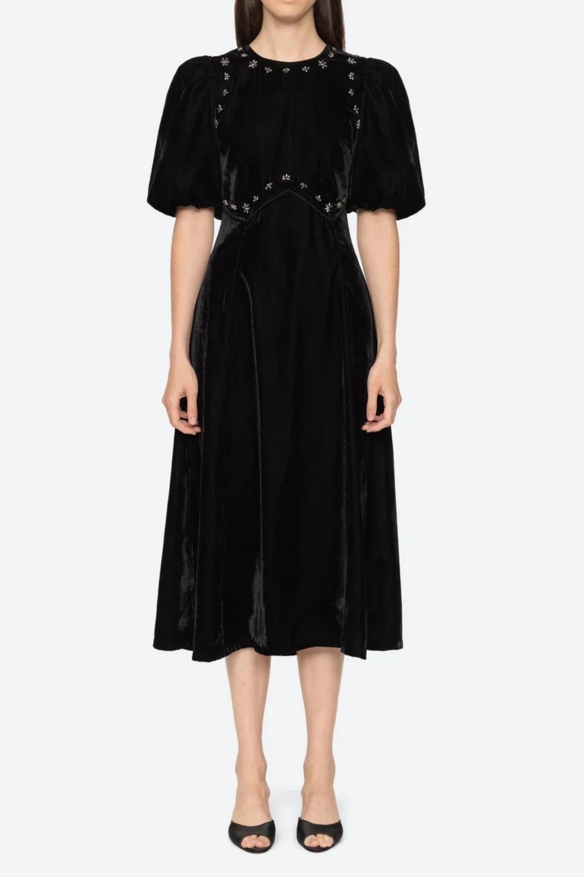 crystal embellished puff midi dress in black