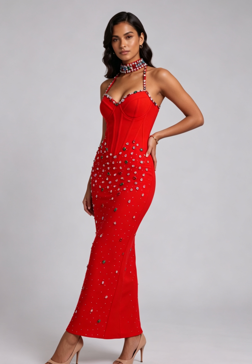 Red Crepe Sheath Dress with Embellished Halter Neck