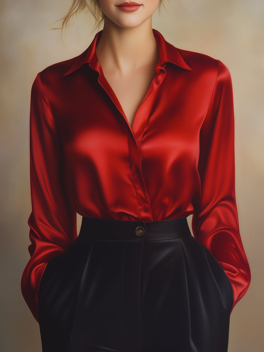 Elegant Black Satin Long Sleeves Blouse