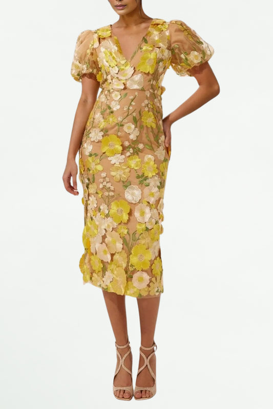 EREEN PUFF SLEEVES V-NECK FLOWER MIDI DRESS