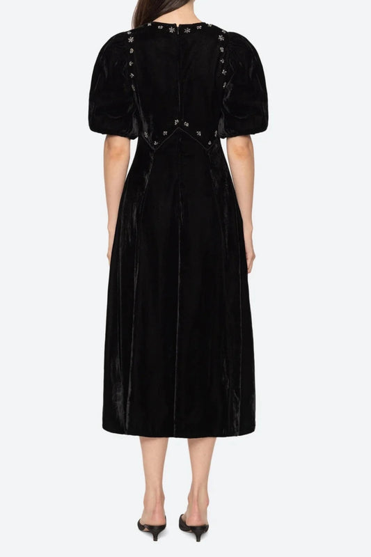 crystal embellished puff midi dress in black