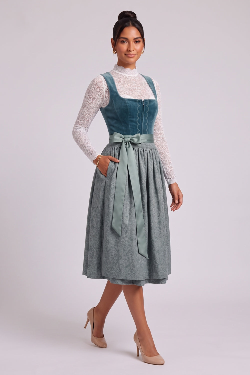Teal Velvet bodice A-line skirt with fitted bodice Three-piece traditional dirndl ensemble Teal, Slate blue, White Velvet bodice, jacquard skirt, lace blouse, satin apron Three-piece traditional dirndl ensemble - product view 4