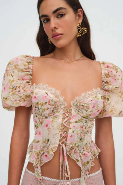 pink Tie-Drape Chiffon Shirt with Ruffled Puff Sleeves