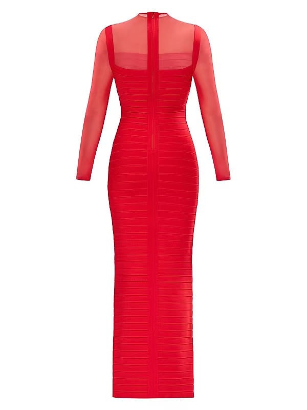 tina Red long-sleeve mesh see-through bandage maxi dress