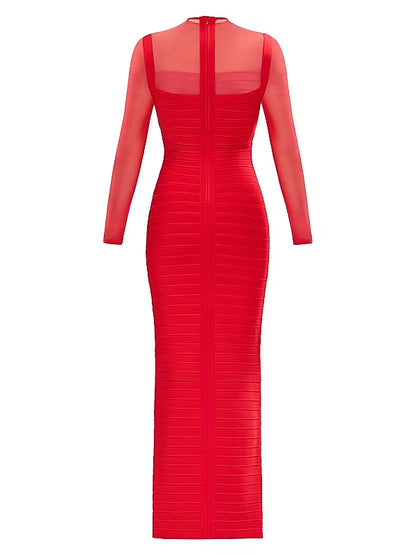 tina Red long-sleeve mesh see-through bandage maxi dress