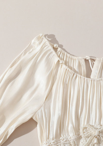 Square neck puff sleeve lace satin maxi dress - white