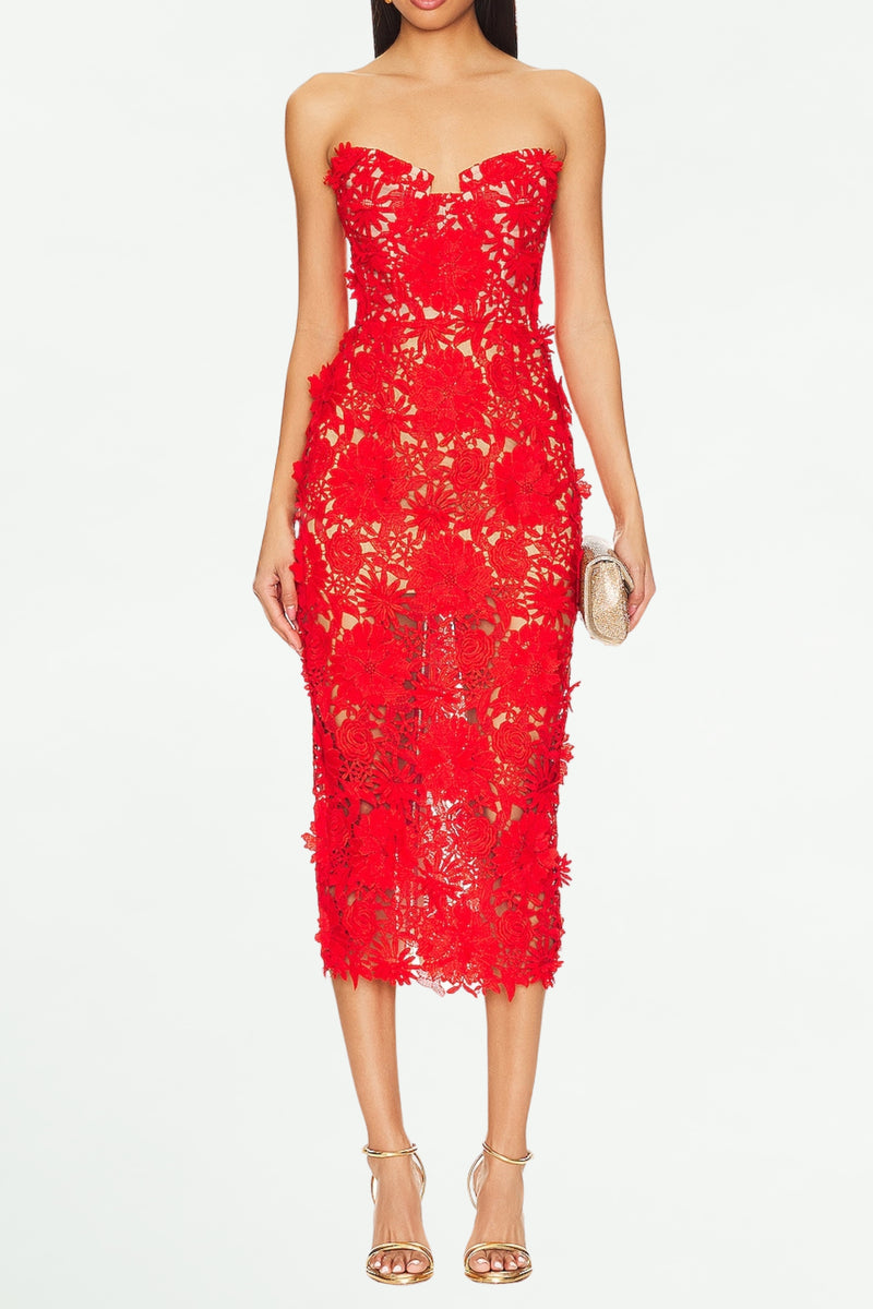 OFF-SHOULDER FLORAL MIDI DRESS IN RED