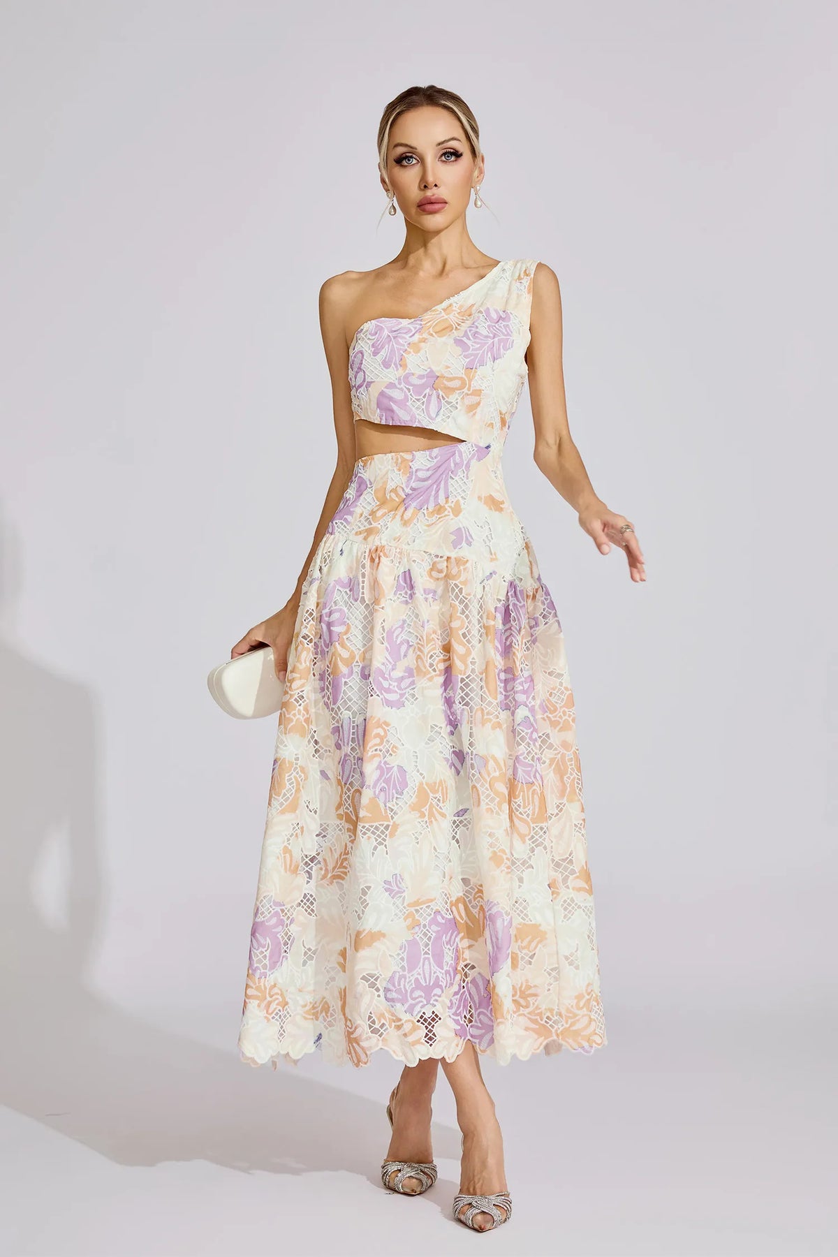 kimberley Yellow One-Shoulder floral print cutout Maxi Dress