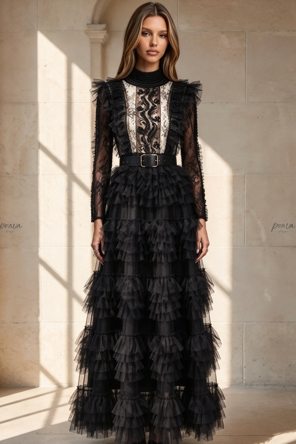 Black Tulle A-line Tiered Maxi Dress