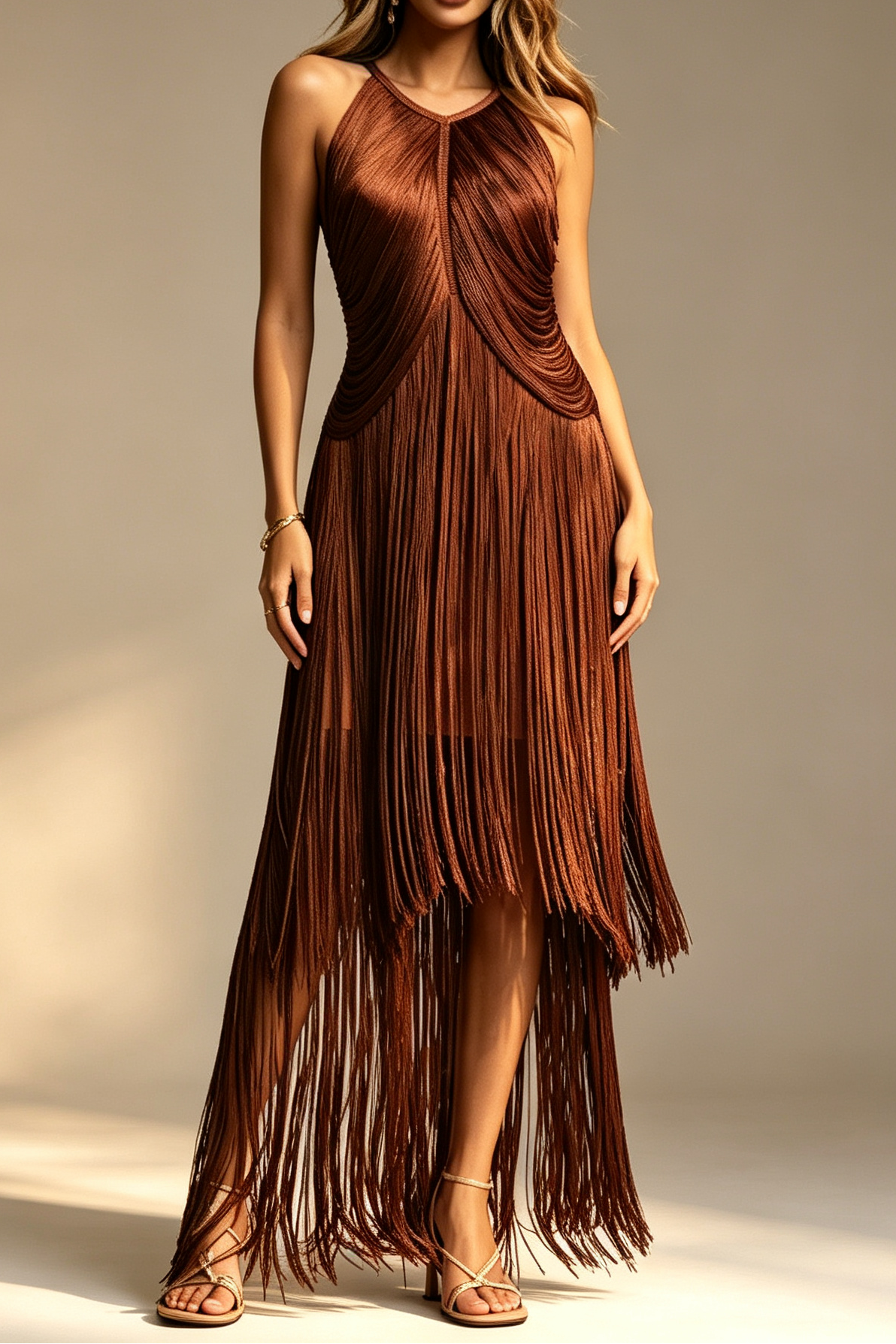 Chocolate Brown Halter Neck Draped Bodice Multi-Tier Long Fringe Bodycon Midi Party Dress
