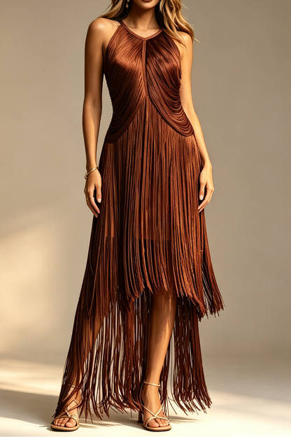 Chocolate Brown Halter Neck Draped Bodice Multi-Tier Long Fringe Bodycon Midi Party Dress
