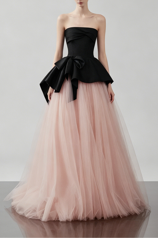 Strapless Satin Big Bow Contrast Pink Tulle Ball Gown