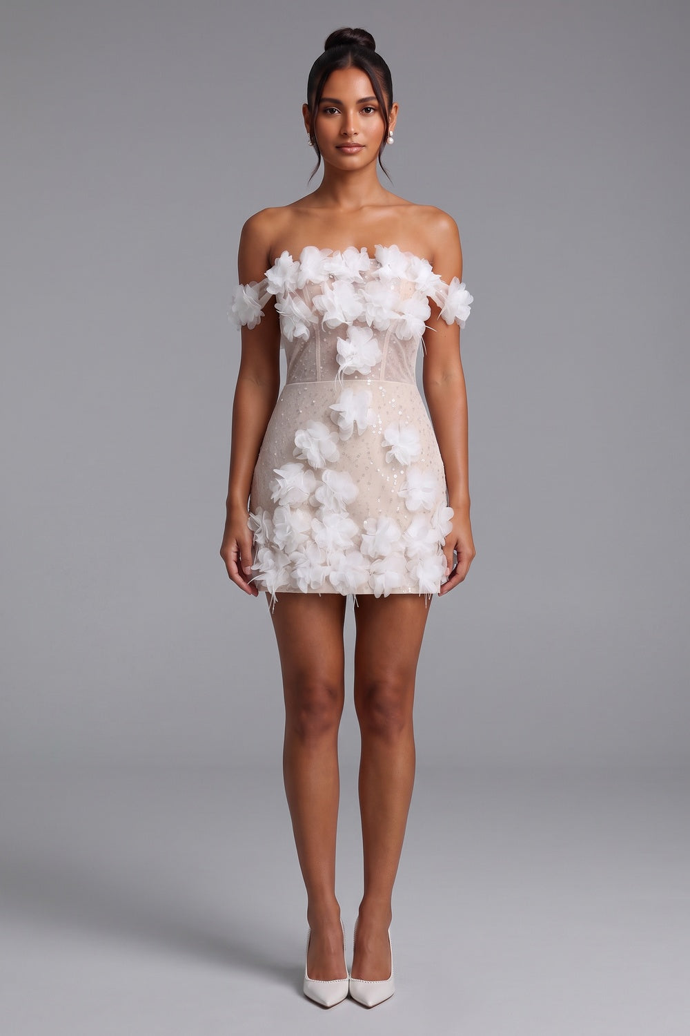 Nude Mesh Overlay Fitted Sheath Mini Dress with 3D Floral Appliqué nude, white mesh overlay with nude lining dress - product view 3