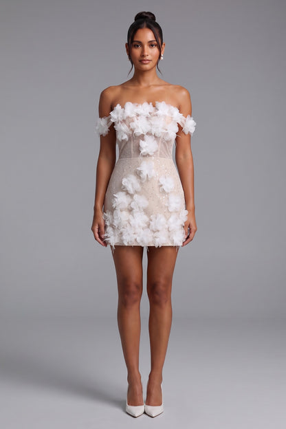 Nude Mesh Overlay Fitted Sheath Mini Dress with 3D Floral Appliqué nude, white mesh overlay with nude lining dress - product view 3