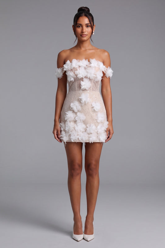 Nude Mesh Overlay Fitted Sheath Mini Dress with 3D Floral Appliqué nude, white mesh overlay with nude lining dress - product view 3