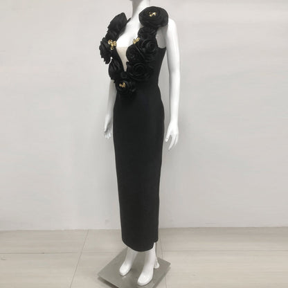 ruffled top with gold accents maxi dress