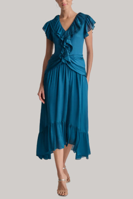 Ruffled Crinkle-Textured Maxi Dress in dark blue