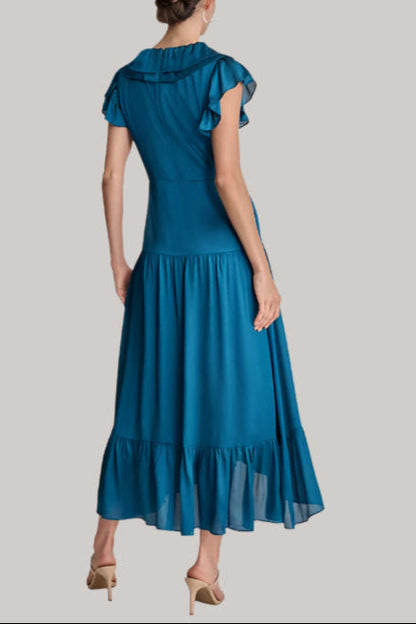 Ruffled Crinkle-Textured Maxi Dress in dark blue
