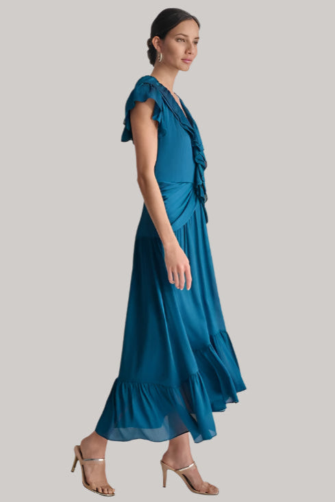 Ruffled Crinkle-Textured Maxi Dress in dark blue