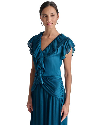 Ruffled Crinkle-Textured Maxi Dress in dark blue