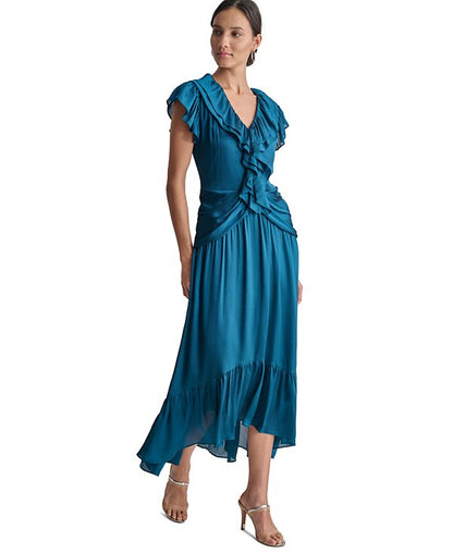 Ruffled Crinkle-Textured Maxi Dress in dark blue