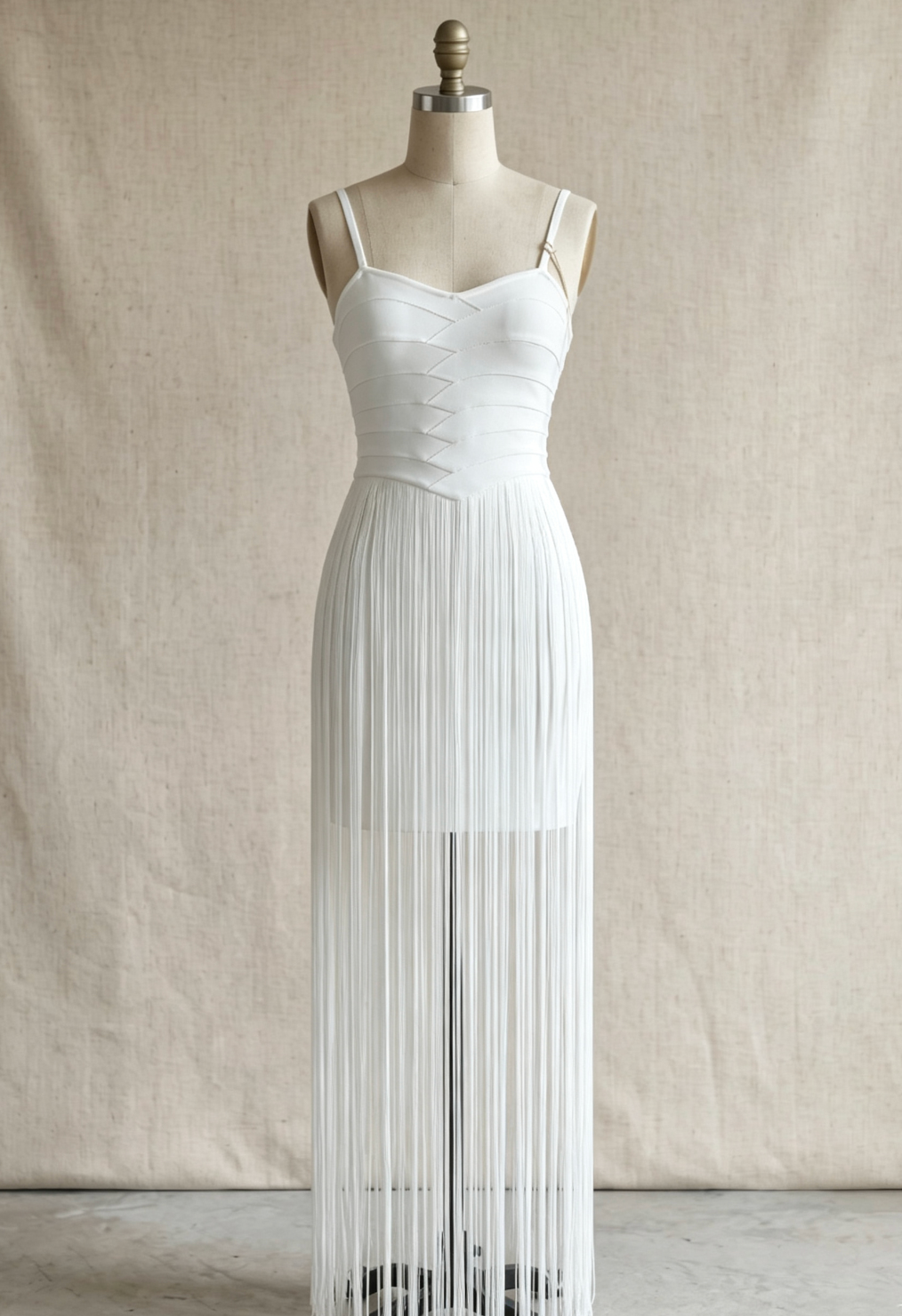 White Structured Crepe Fringe Sheath Dress