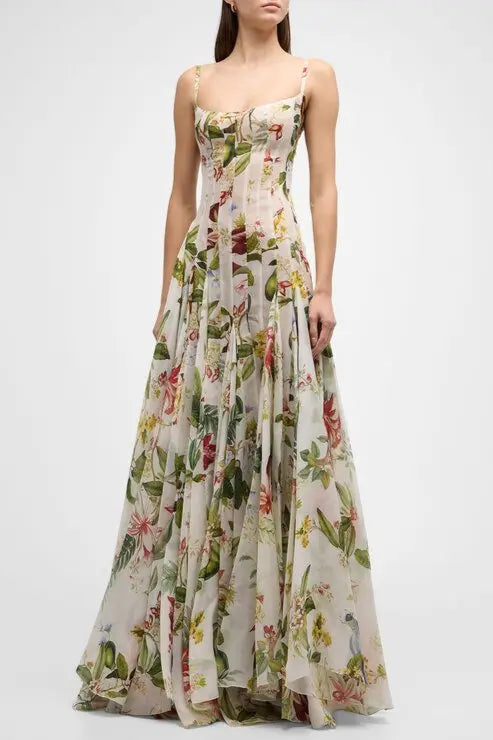 multicolor floral print fauna gazar gown