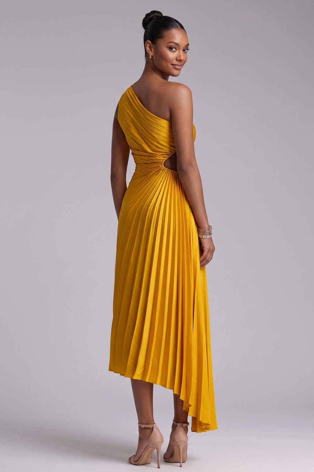 Yellow One-Shoulder Pleated Midi Dress Premium Fabric - product view 1