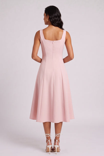 Square Strap Front Bow Satin Midi Swing Dress