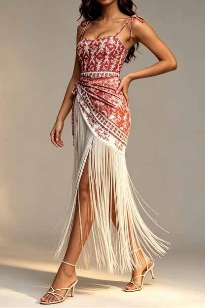 Red Floral Palm Print Beaded Tie Strap One Piece Swimsuit + Fringe Wrap Cover Up Skirt 2 Piece Beach Set