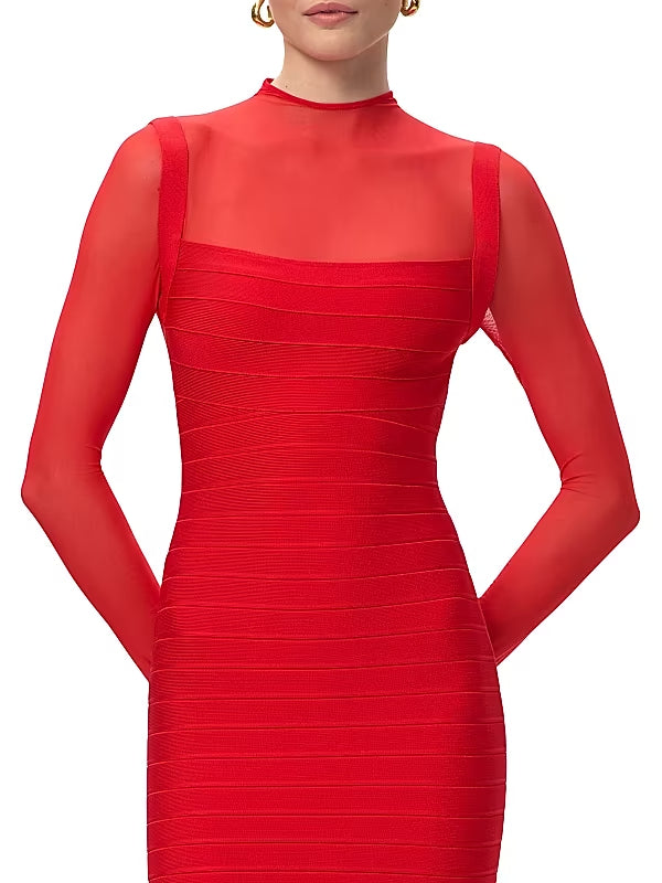 tina Red long-sleeve mesh see-through bandage maxi dress